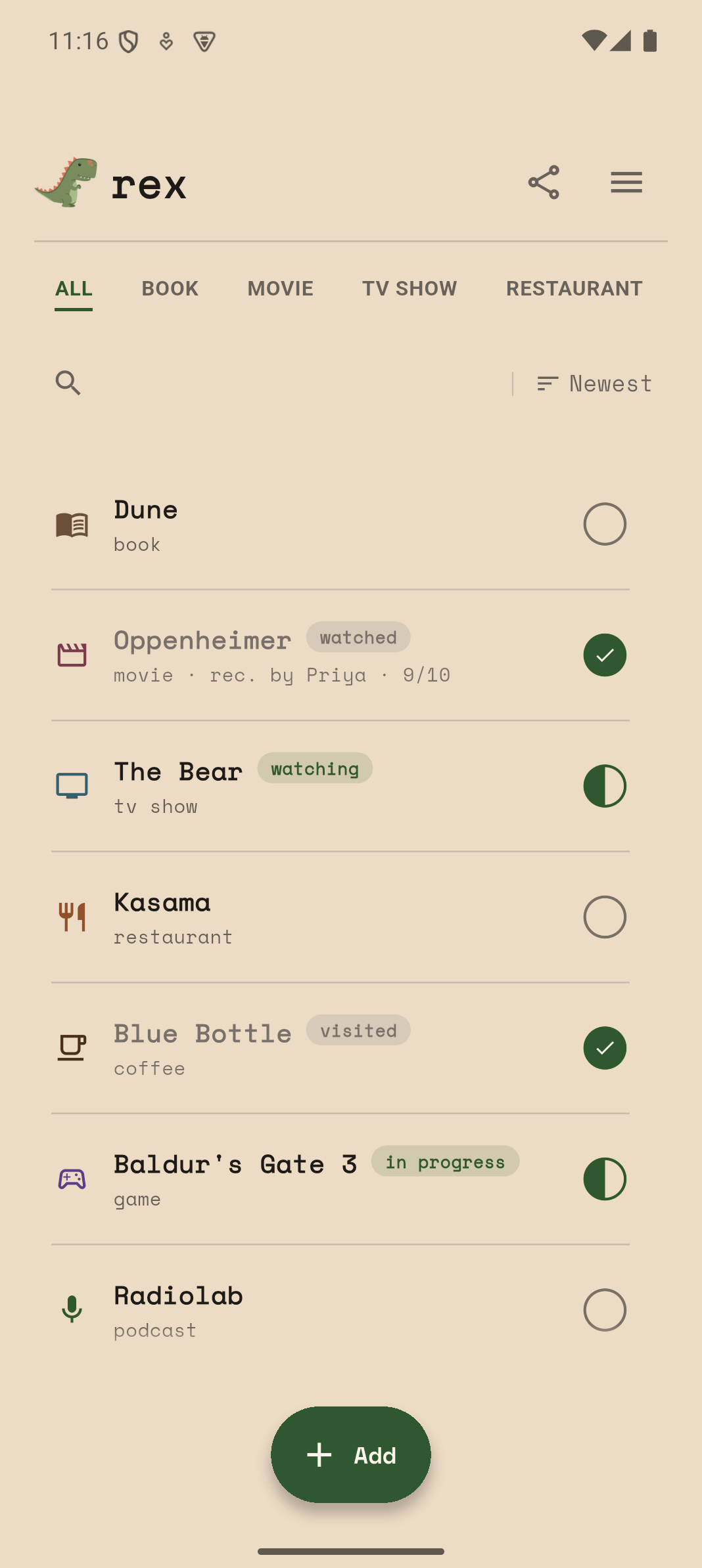 rex's main list view, showing saved recommendations across categories with tags, ratings, and a status toggle for each