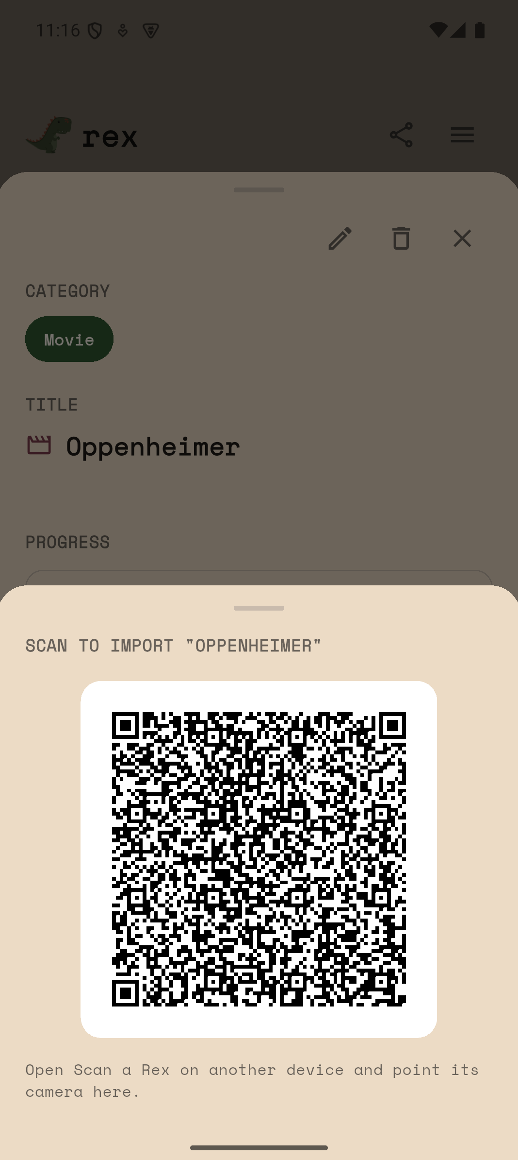 A QR code generated for a single Rex, ready to be scanned and imported on another device